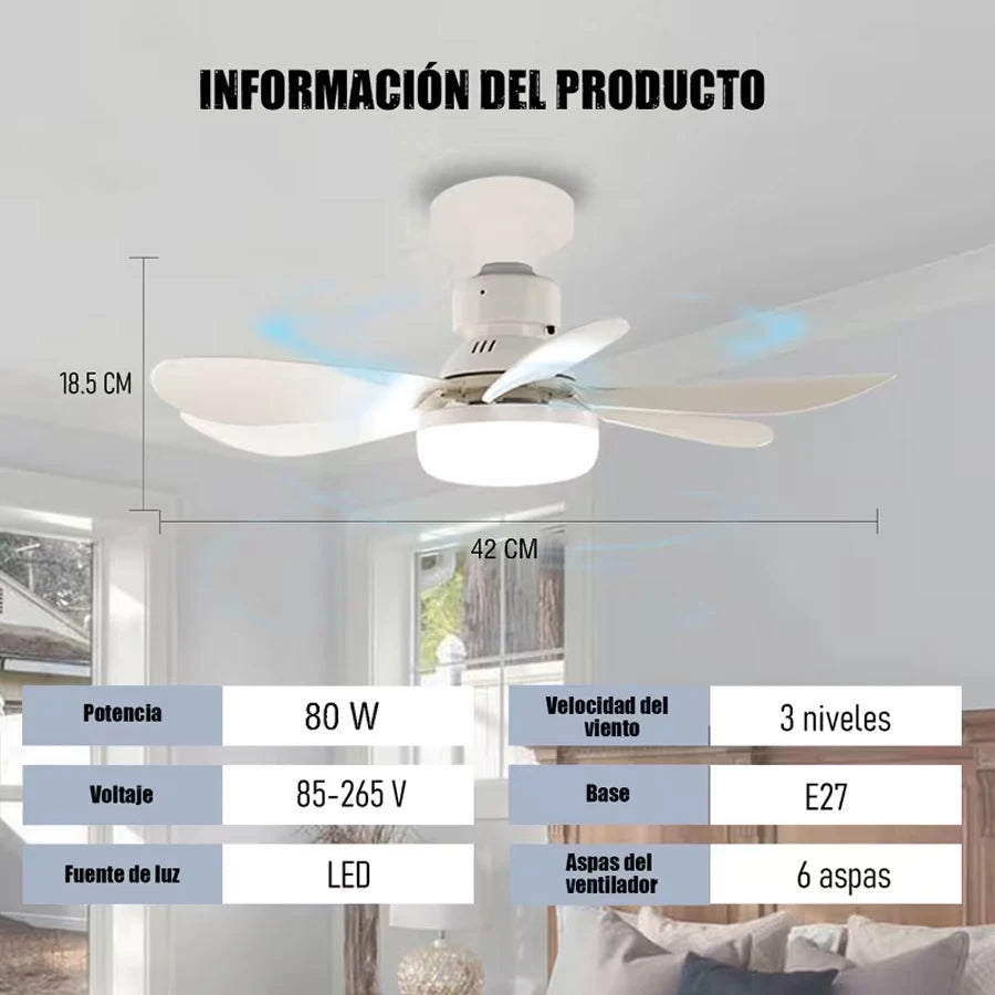 Ventilador de techo inteligente E27 con control remoto y luz LED - Enchufe multifuncional, ventilación ajustable, diseño simple, fácil instalación, ideal para toda la familia, perfecto para baños