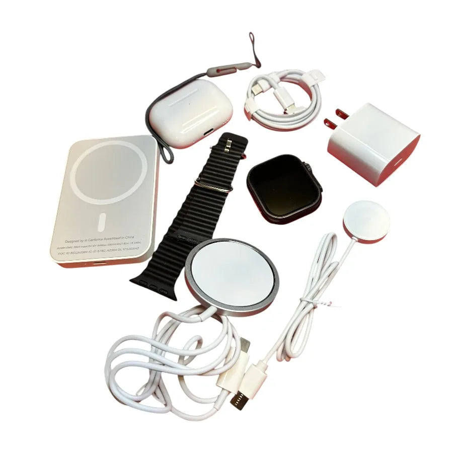 Kit de 6 piezas con reloj inteligente, batería, cargador magnético y audífonos, presentado en caja roja ideal para regalo, perfecto para deporte, música y uso diario, diseño moderno y funcional que combina tecnología y