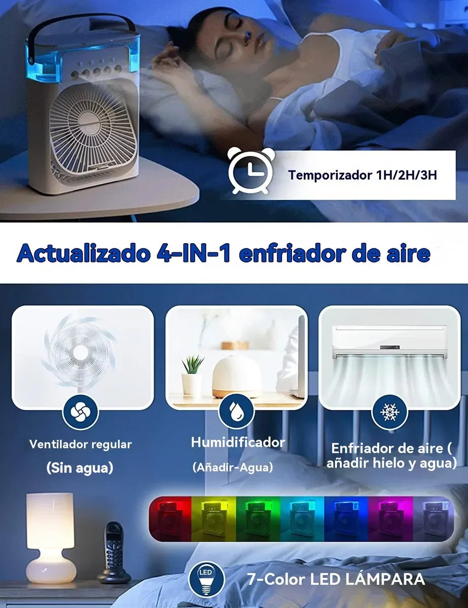 Enfriador de Aire Portátil 3 en 1, Mini Ventilador USB con Humidificador y 5 Boquillas de Pulverización. 3 Velocidades, 3 Modos de Pulverización, Temporizador y Luz Nocturna Multicolor,Flujo de Aire Ajustable.