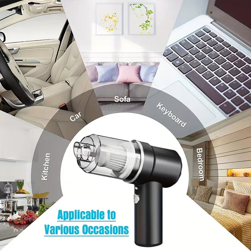 Aspiradora inalámbrica portátil para automóviles, ligera y fácil de transportar, con boquilla angular ideal para limpiar hogares y vehículos, compatible con carga USB y equipada con batería de polímero de litio.