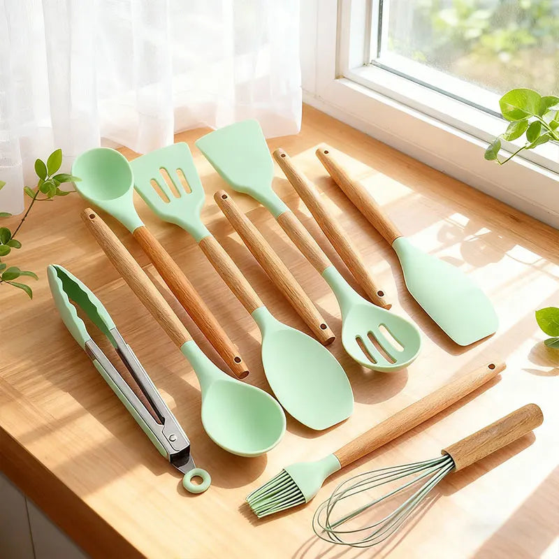12 piezas Conjunto de utensilios de cocina de silicona,Juego de utensilios de cocina de silicona, juego de gadgets de cocina, 12 piezas raspador de vajilla antiadherente, alicates, pala, cepillo, pala de pasta, adecuad