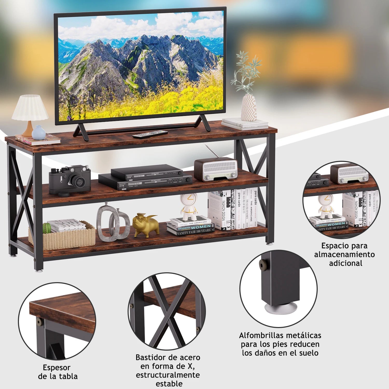 Mesa Consola Industrial de 3 Niveles, Estantería de Almacenamiento para Entrada, Sala y Recámara, 120x40x60 cm, Madera Rústica y Marco de Metal