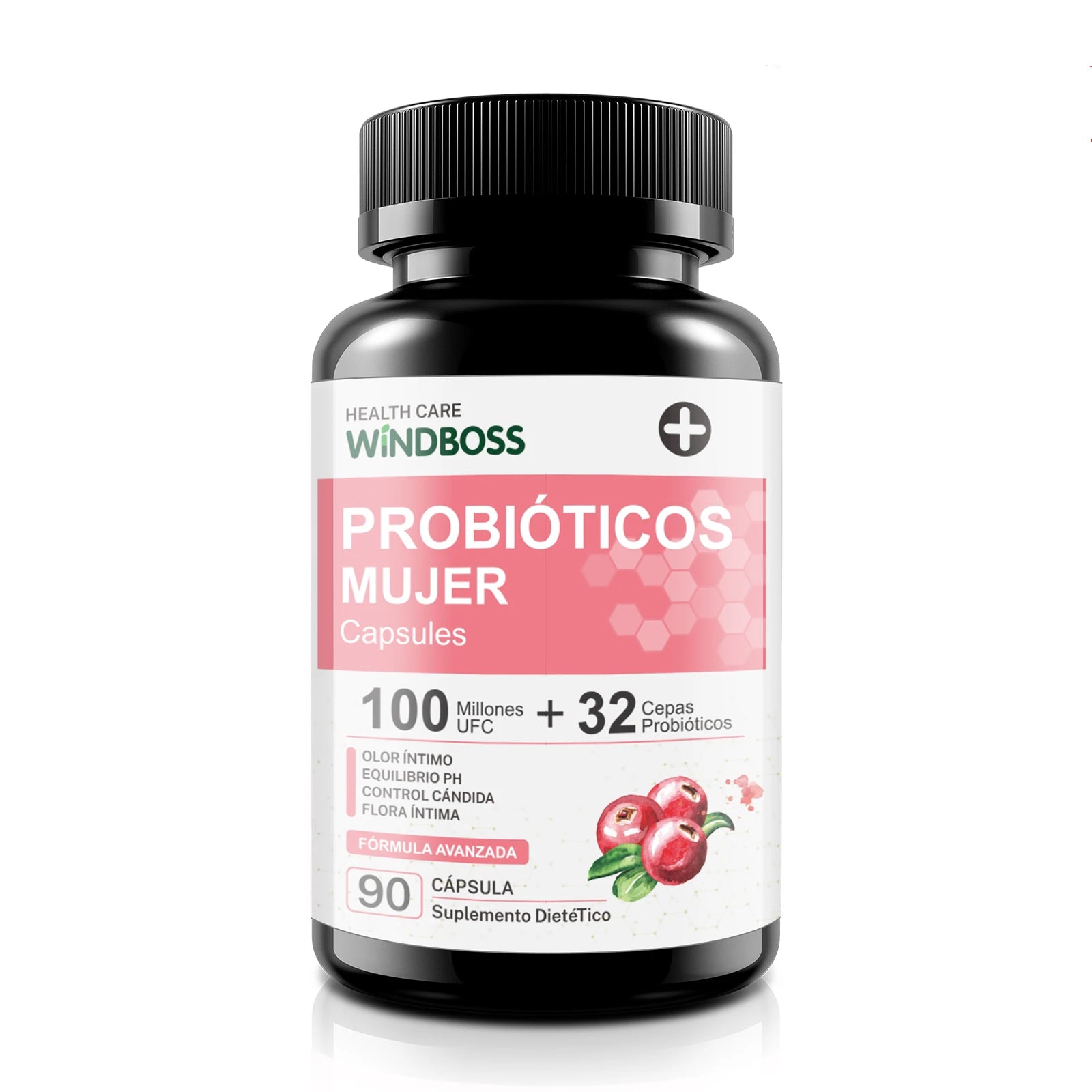 Windboss Probióticos para la Salud Íntima de la Mujer – 100 Mil Millones UFC – 32 Cepas – Con Arándano, Prebióticos y Vitamina C – Apoya el Equilibrio Femenino – 90 Cápsulas