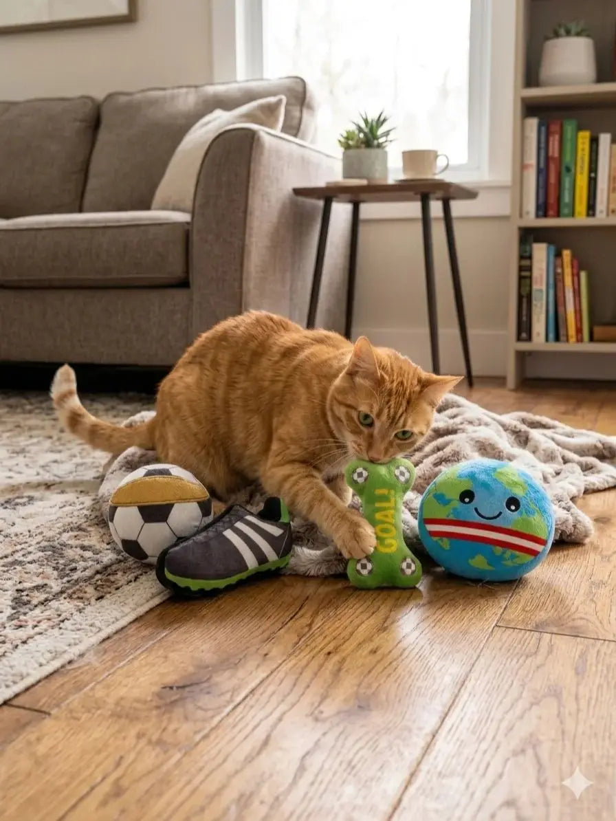 Set de 4 juguetes para mascota ,Juguete de peluche para mascota, Pack de estilo del mundial, suministros para mascota,para perros y gatos, pequeños o grandes