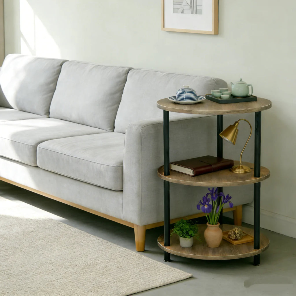 Mesita Auxiliar Redonda Mini, Mesita de Madera de 3 niveles , Ideal como Mesa de Centro, Mesita Lateral de Sofá y Mesita de Noche, 33.5X33.5cm