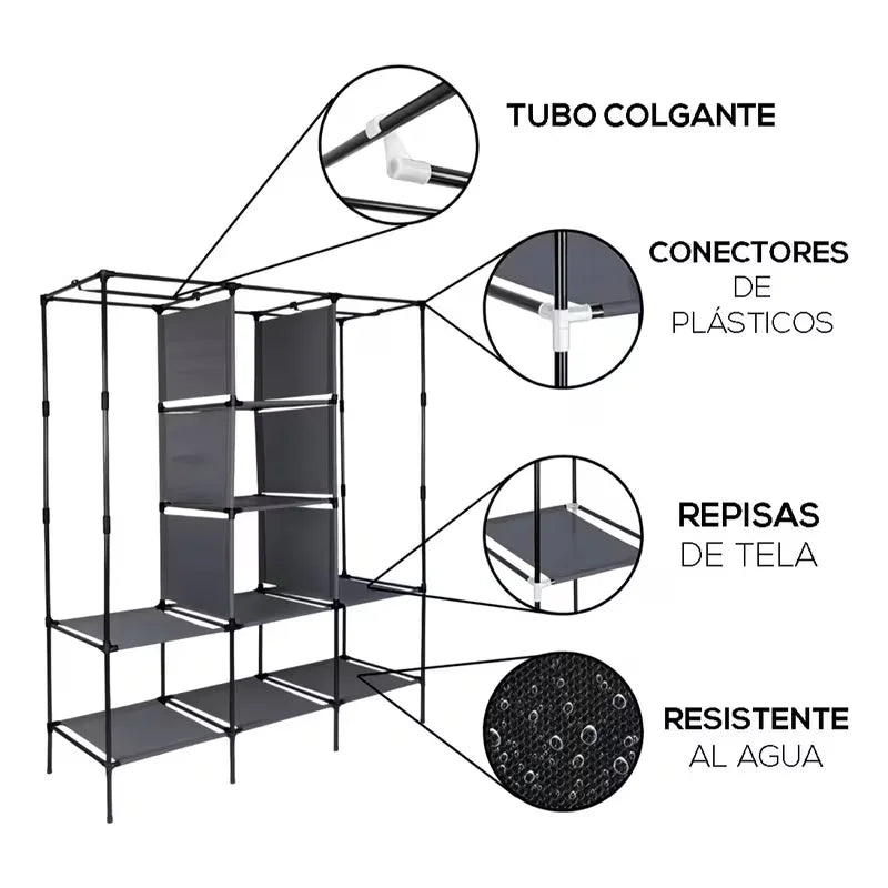 Armario Tela 4 Niveles, Armario Desmontable para Ropa, Organizador de Almacenamiento Resistente al Agua