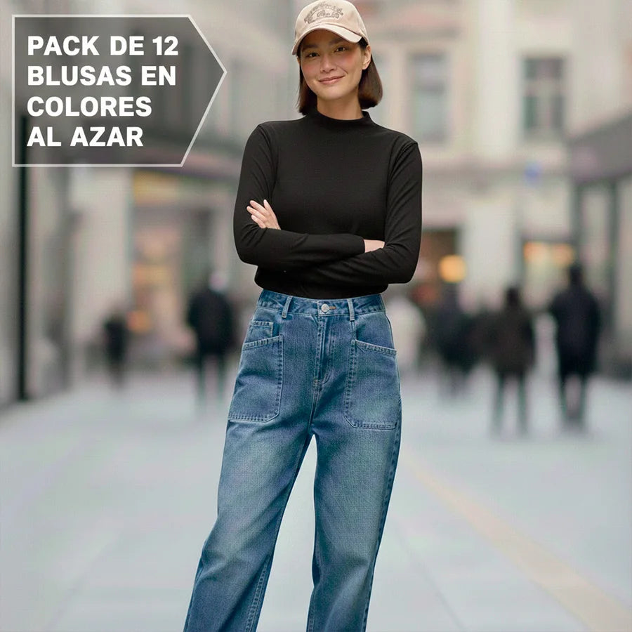 Kit de 12 Piezas de Camisetas Para Dama De Manga Larga y Cuello De Tortuga, Fáciles de Combinar Con Un Lijero Afelpado Por Dentro y Una Suavidad Incomparable Con el 95% de Poliéster y 5% de Elastano.