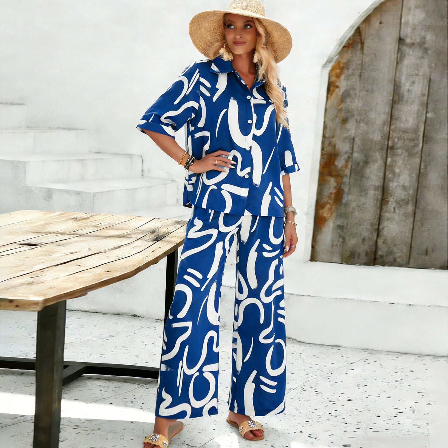 Elegante Conjunto De Dos Piezas Con Estampado De Graffiti Para Mujer,Blusa Abierta Delantera Con Mangas Cortas y Pantalones De Pierna Ancha