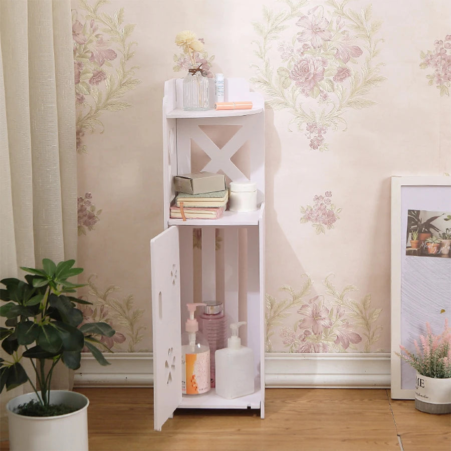 Estante de esquina independiente, estante de almacenamiento de baño independiente, estante de almacenamiento de baño de madera blanca, ahorro de espacio, gabinete de almacenamiento de baño estrecho, adecuado para espac