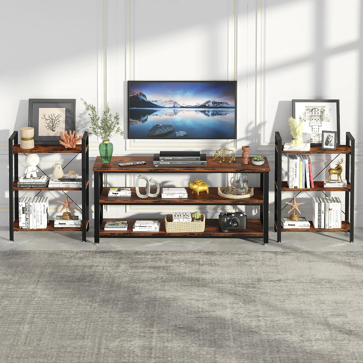 Mesa Consola Industrial de 3 Niveles, Estantería de Almacenamiento para Entrada, Sala y Recámara, 120x40x60 cm, Madera Rústica y Marco de Metal