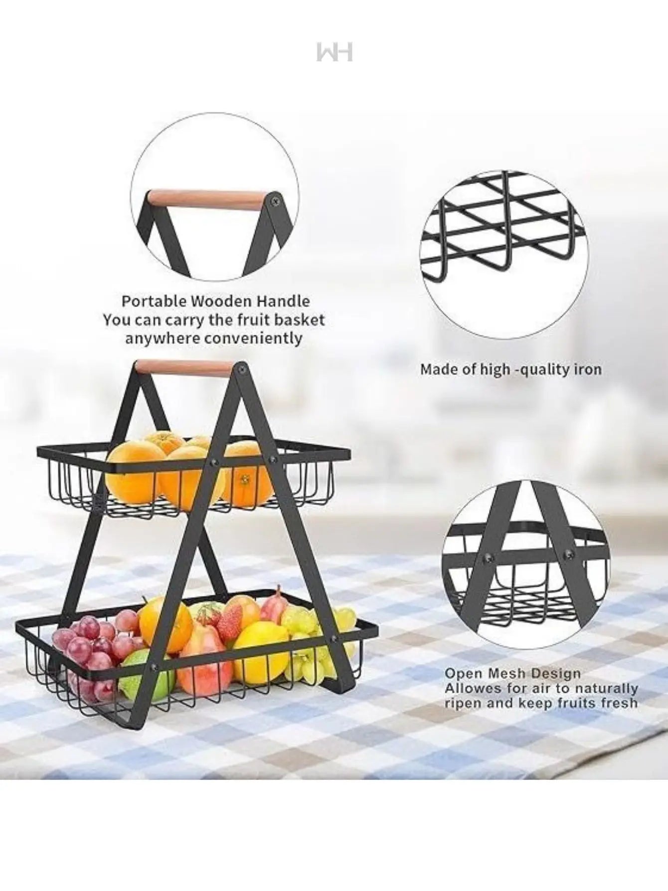Frutero de 2 Niveles de Metal Con Bandeja Desmontable - Soporte Para Frutas