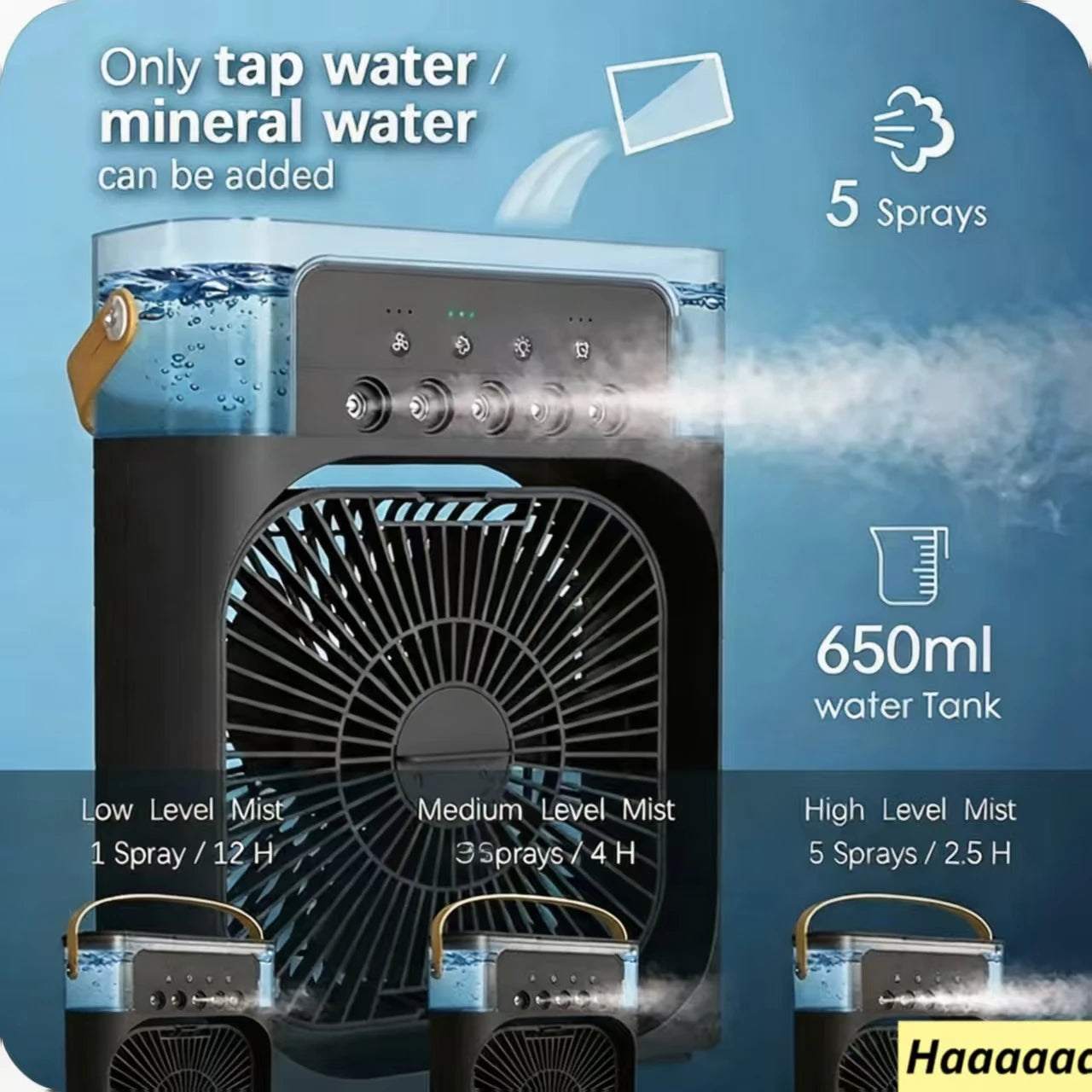 Botella de Spray Portátil para Aire Acondicionado de 600 ml, Ventilador Portátil para RV, Pequeño Aire Acondicionado 3 en 1 con 3 Niveles de Humidificación y 3 Velocidades, Luz Nocturna, Tanque de Enfriamiento de Agua