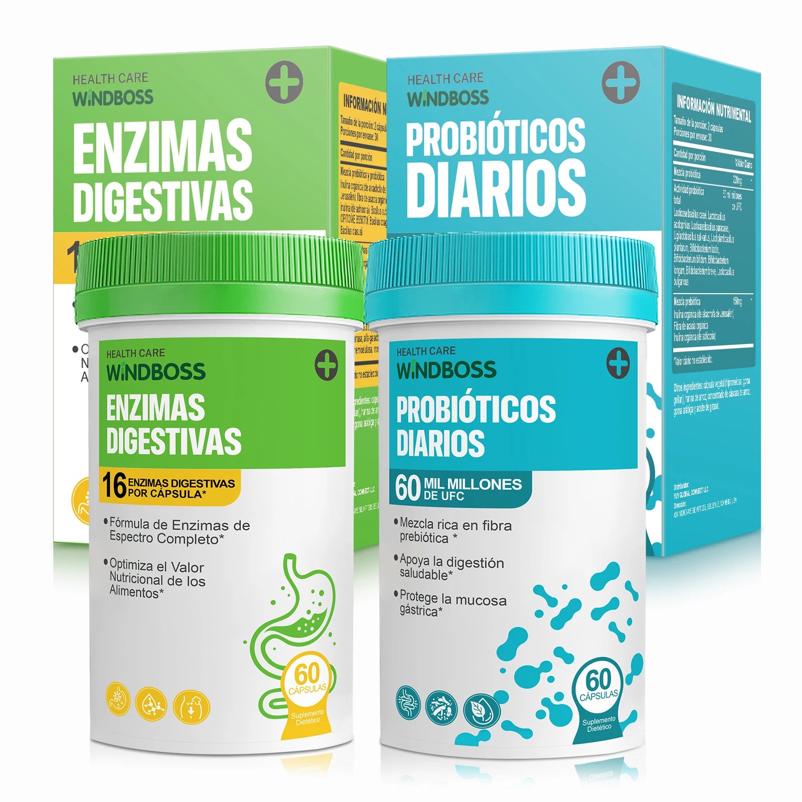 Windboss Fórmula Digestiva con Probióticos y Enzimas Naturales | Soporte Diario para el Bienestar Intestinal | Pack de 2 Frascos de 60 Cápsulas | Mezcla Prebiótica y Enzimas de Amplio Espectro