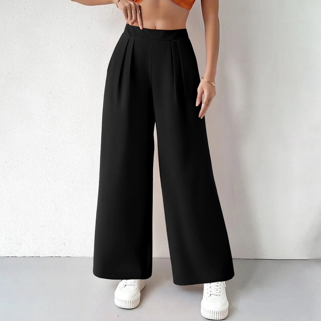Pantalones de mujer minimalistas de cintura alta y pierna ancha para oficina,con bolsillos laterales plisados,adecuada para uso diario