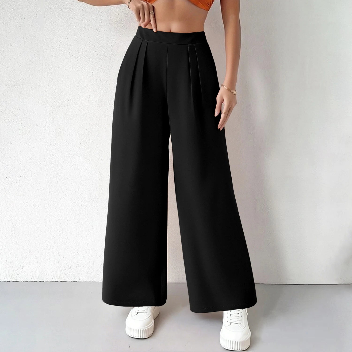 Pantalones de mujer minimalistas de cintura alta y pierna ancha para oficina,con bolsillos laterales plisados,adecuada para uso diario