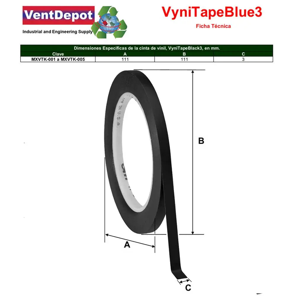 Cinta negra vinil 3mm precisa, MXVTK, Negro, Rollo 66m, 3mm Grosor, Vinil.