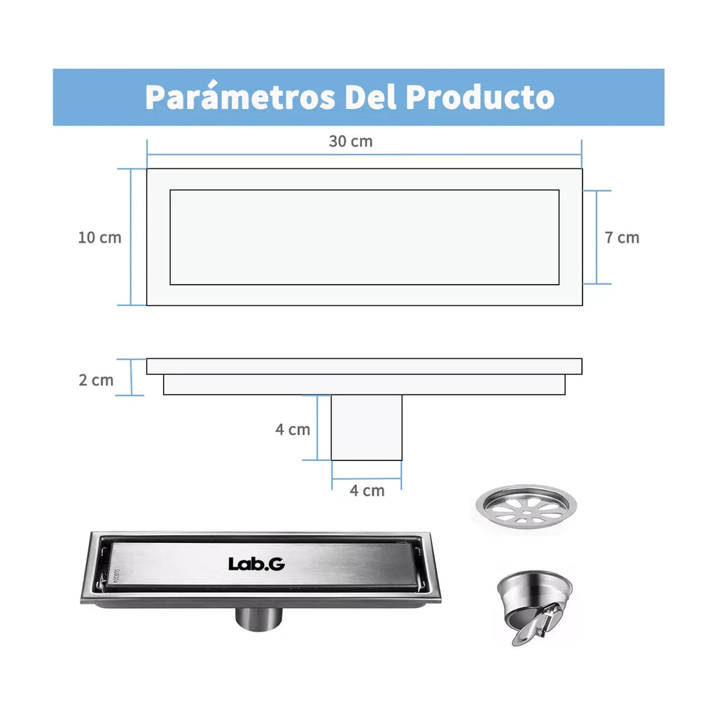 Coladera Desagüe Invisible Lab.G Baño Anti Olor Lineal Inoxi 30*10cm Gris