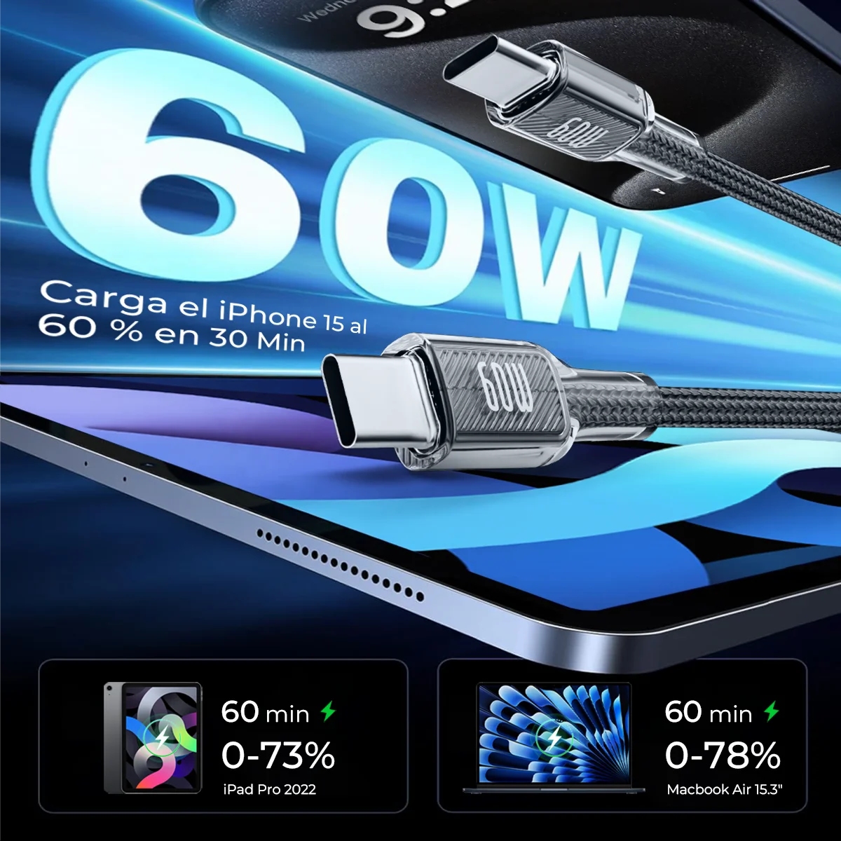 60W Tipo C Cable 3.3FT(1M) - 2pcs Tipo C Cord Soporte de sincronización de datos y carga Compatible con Laptop|Power Bank|Smart Phone