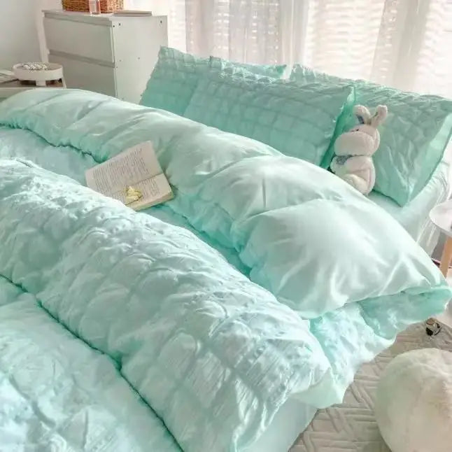 Juego de 3 piezas de 1,35 m Juego de cama individual Seersucker de Color sólido, adecuado para dormitorio de mujer, apartamento, individual, doble, Ins, viento dulce