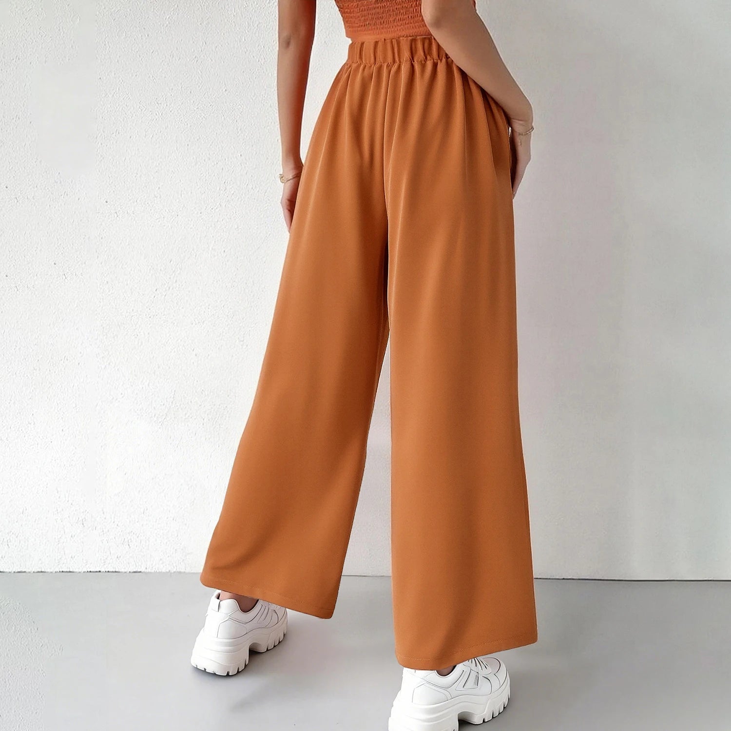 Pantalones de mujer minimalistas de cintura alta y pierna ancha para oficina,con bolsillos laterales plisados,adecuada para uso diario