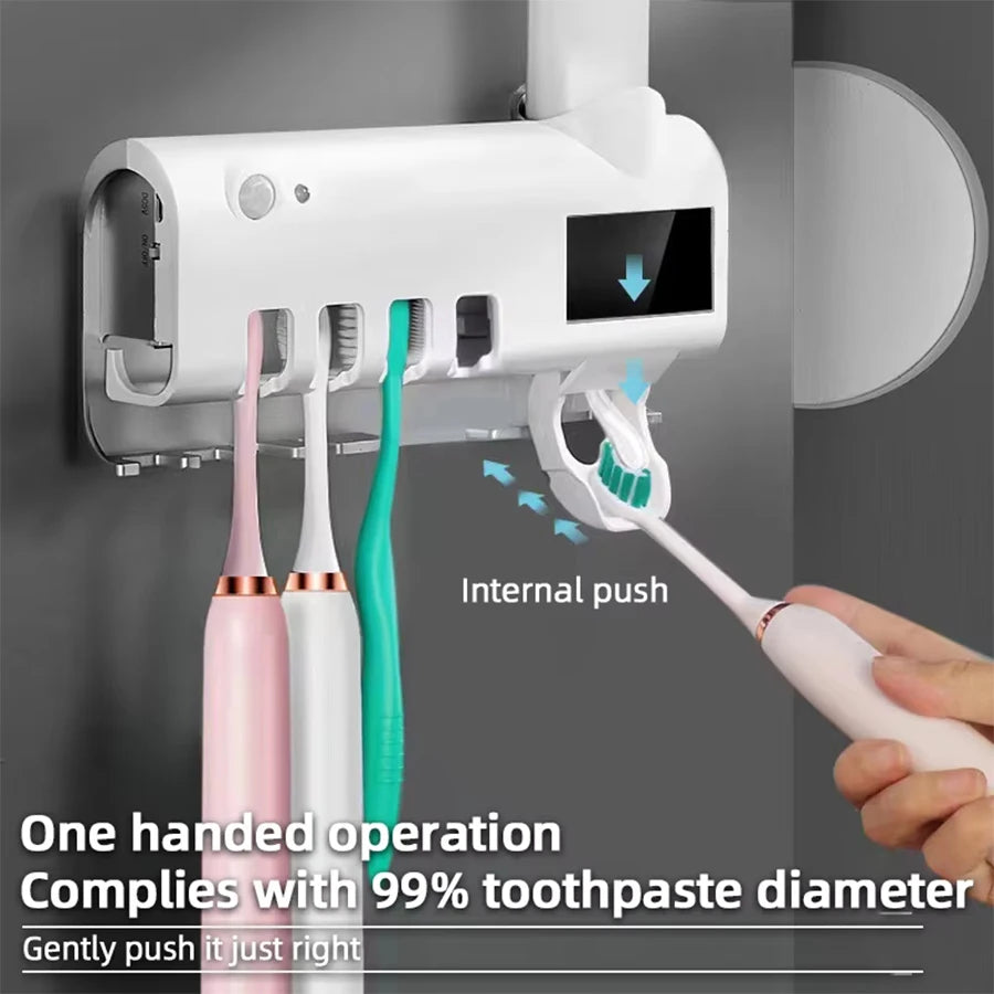 1 soporte de cepillo de dientes de pared con distribuidor automático de pasta de dientes de gas, se puede instalar sin perforación, accesorio de baño multifuncional, ahorro de espacio