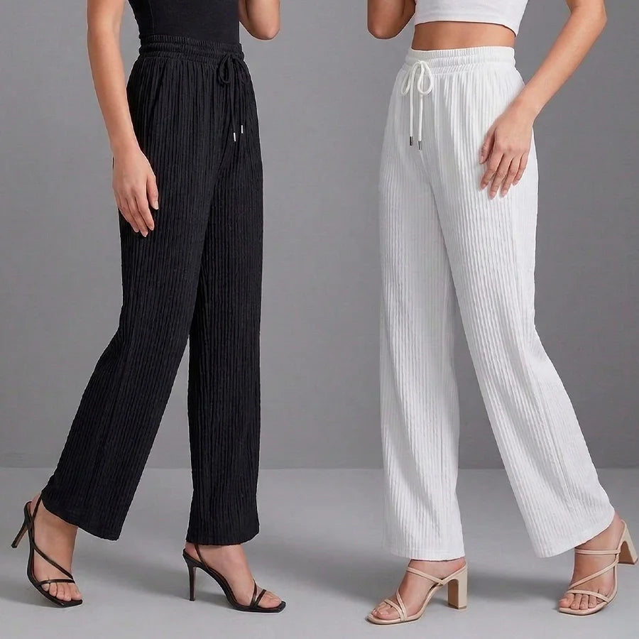 Kit de 2 Pantalones de Lino/Rayón Tipo Palazzo - Cintura Alta con Cordón - Set Elegante