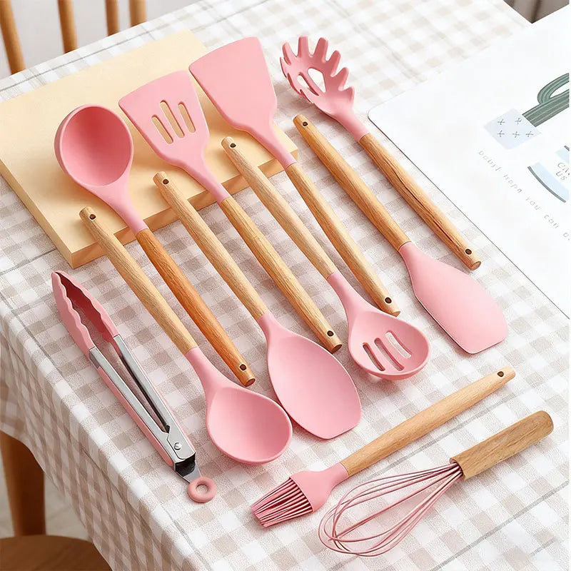12 piezas Conjunto de utensilios de cocina de silicona,Juego de utensilios de cocina de silicona, juego de gadgets de cocina, 12 piezas raspador de vajilla antiadherente, alicates, pala, cepillo, pala de pasta, adecuad