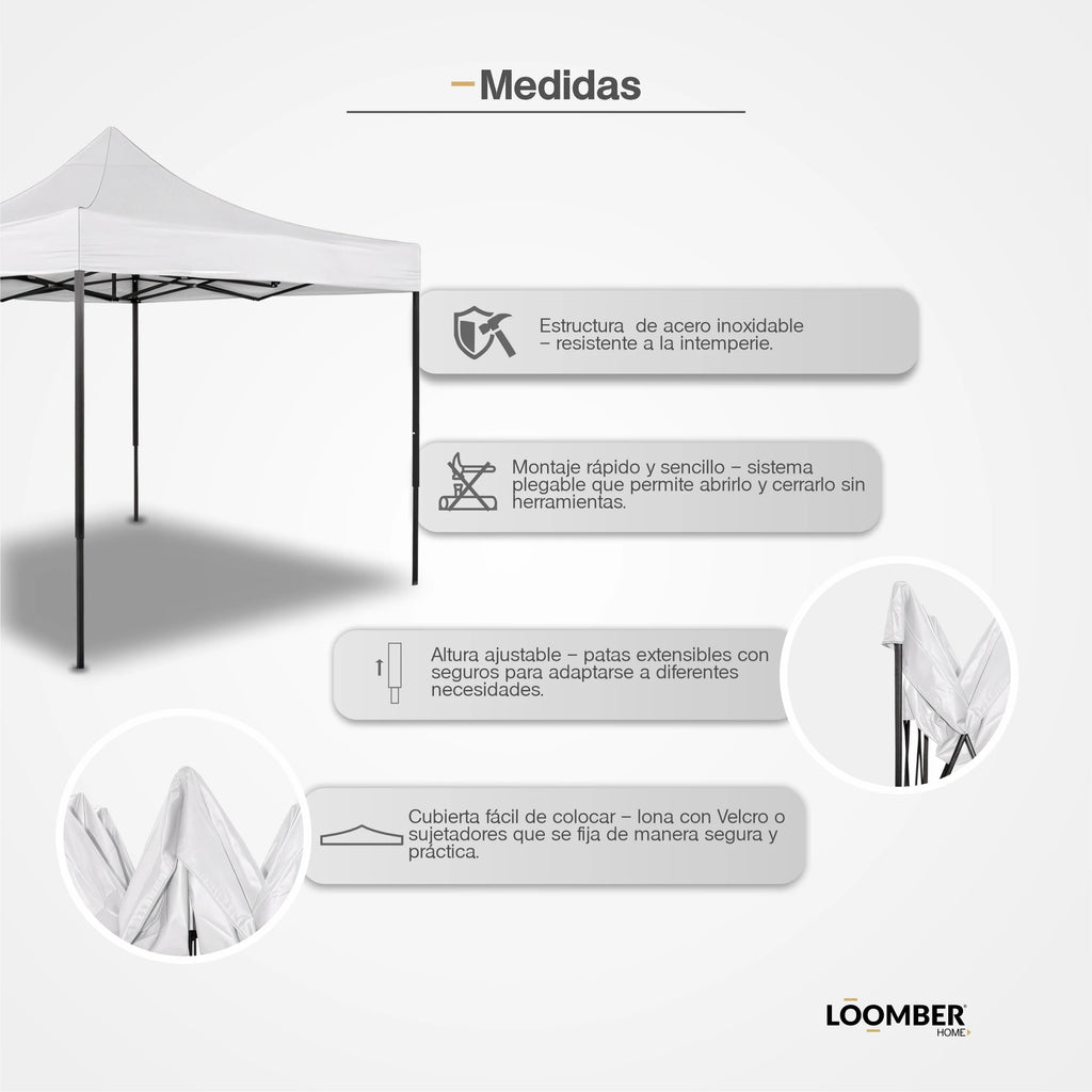 Toldo Plegable Blanco 3x3 Metros Loomber Padua Especial Para Eventos, Negocios, Reuniones, Fiestas