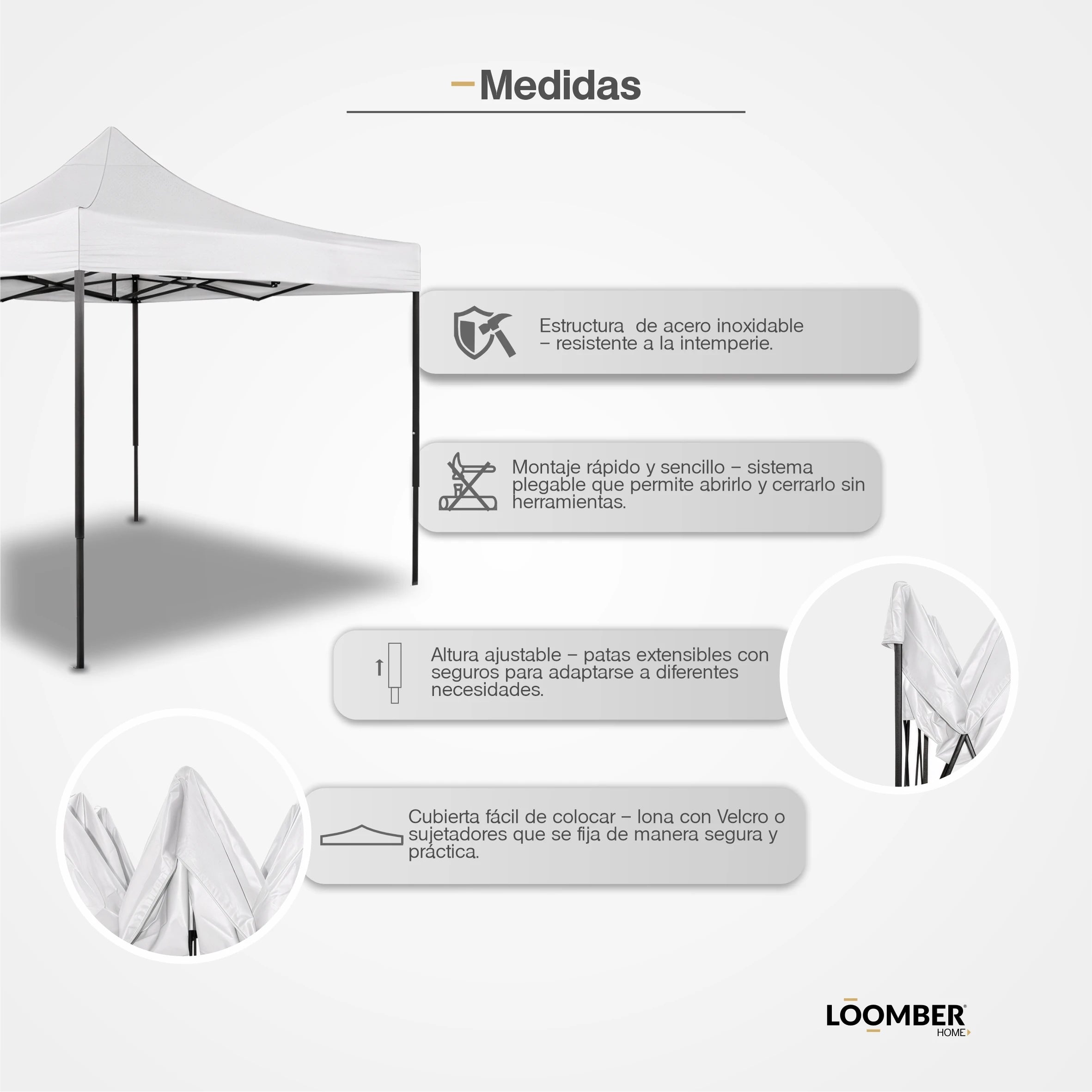 Toldo Plegable Blanco 3x3 Metros Loomber Padua Especial Para Eventos, Negocios, Reuniones, Fiestas