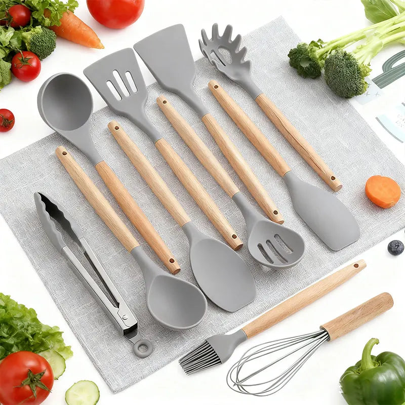 12 piezas Conjunto de utensilios de cocina de silicona,Juego de utensilios de cocina de silicona, juego de gadgets de cocina, 12 piezas raspador de vajilla antiadherente, alicates, pala, cepillo, pala de pasta, adecuad