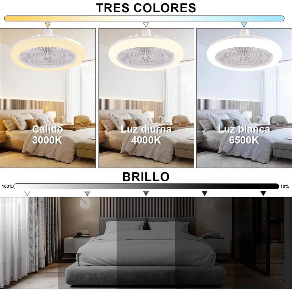Ventilador de techo circular LED con luz y control remoto, temperatura de color ajustable de 3000 K a 6500 K, tres velocidades, ideal para diversos espacios como dormitorios.