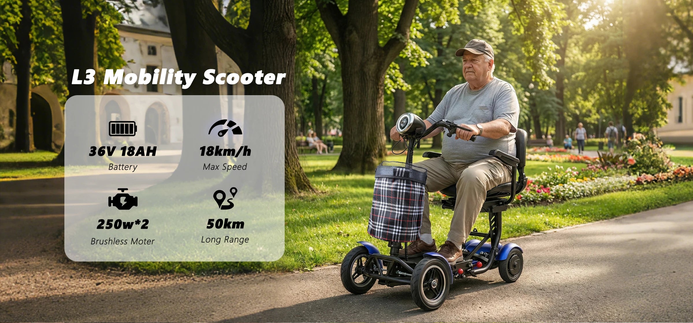 SUNNIGO Scooter Eléctrico Todoterreno de 4 Ruedas, Motor Dual de 500W, Batería de Litio de 36V 18Ah, Ligero, Plegable, Asiento Ajustable, Neumáticos Antideslizantes, Sistema de Frenos Seguro, Cómodo, Largo Alcance de 50km