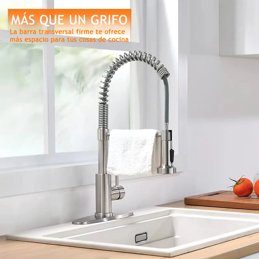 Grifo de Cocina Flexible con Resorte y Porta Toallas - Acero Inoxidable Anti-Óxido, Ajuste 360° para Lavabo de Cocina