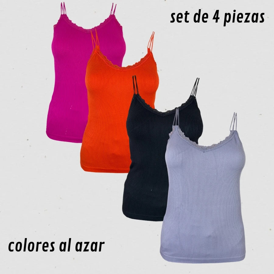 Set de 4 Tops de Dama Premium con Tirantes Delicados y Detalle de Olan