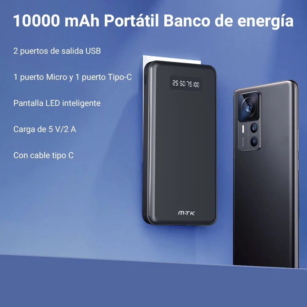 Negro Banco de Energía Portátil 10000mAh/20000mah 37Wh74wh Carga Rápida 3 USB Puertos y Pantalla LED Apto para conectores tipo c y lightning Teléfonos móviles, Tabletas