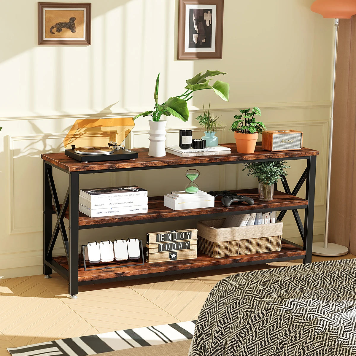 Mesa Consola Industrial de 3 Niveles, Estantería de Almacenamiento para Entrada, Sala y Recámara, 120x40x60 cm, Madera Rústica y Marco de Metal