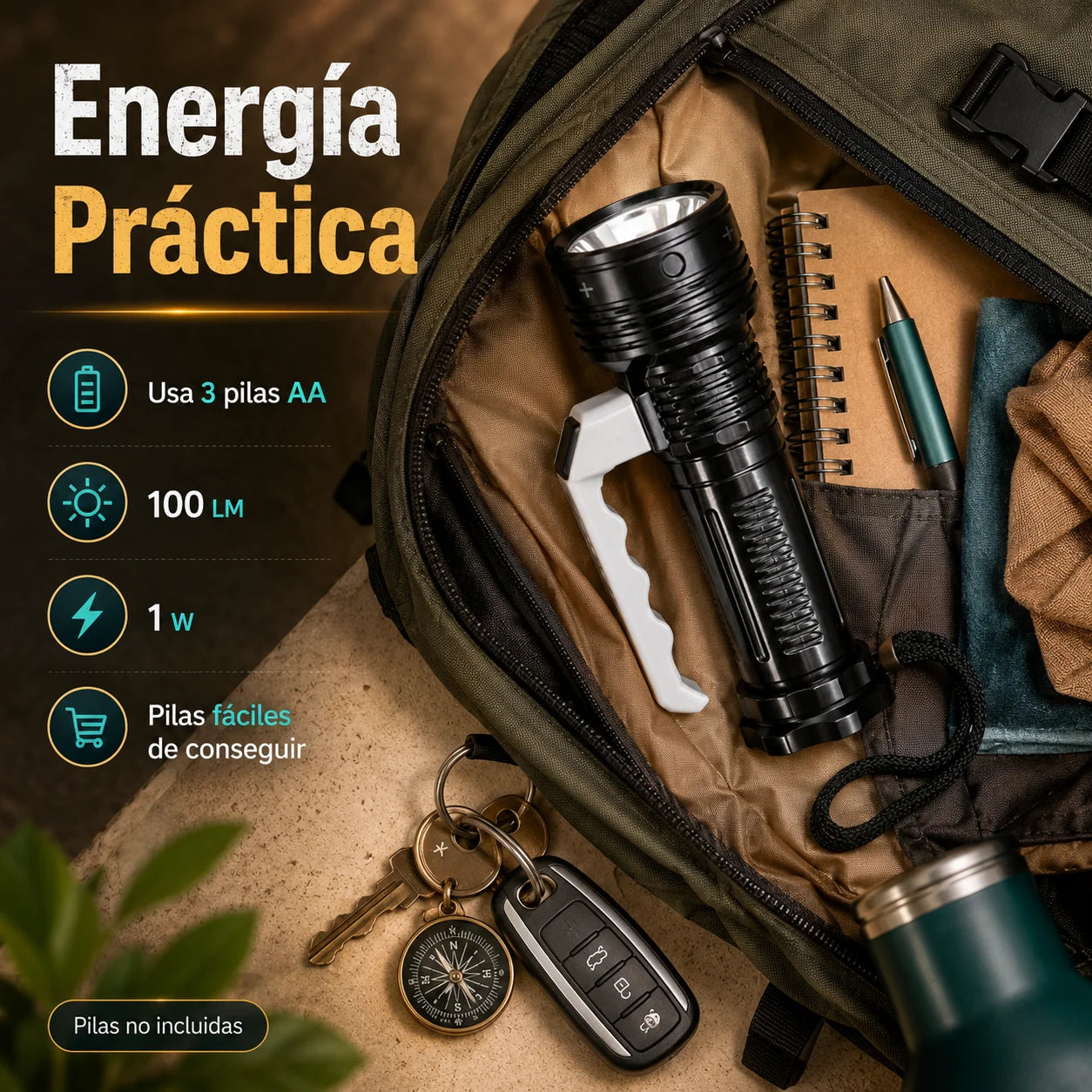 Linterna LED de Mano Portátil 100 Lúmenes, 1W, 3 Modos de Iluminación, Usa 3 Pilas AA, Agarre Cómodo, Ideal para Apagones, Caminatas, Camping, Patio, Coche y Uso Diario（No Incluida Batería）