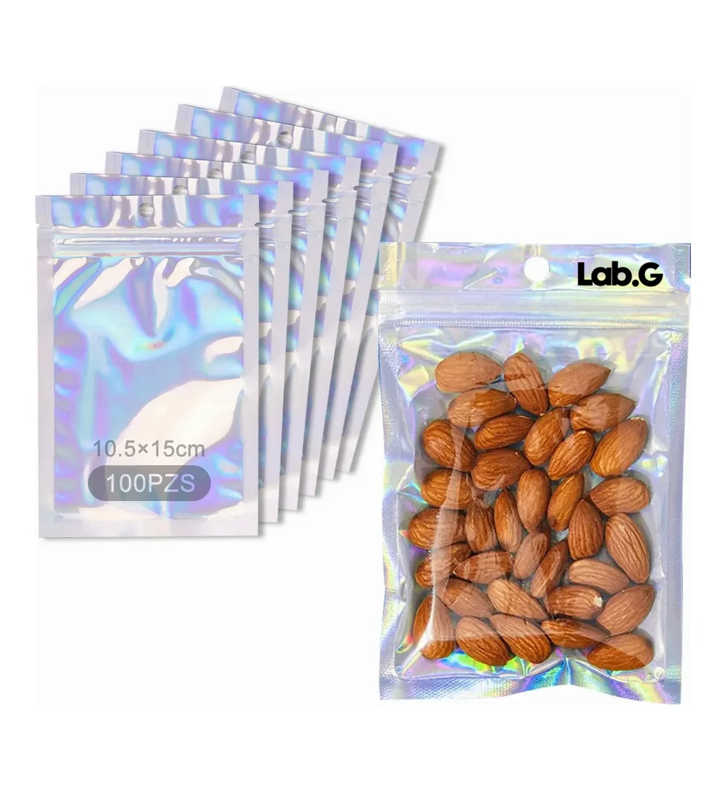 100 Bolsa Plástico Tornasol Holografica Resellable 10.5x15cm Lab.G