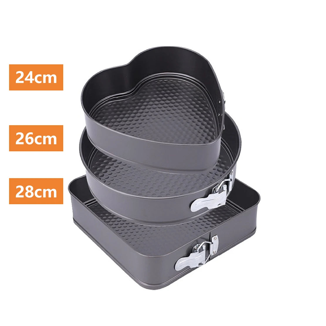 Plato de repostería con resorte, juego de 3 piezas: plato para pastel de forma corazón, redonda o cuadrada, antiapagado y antiadherente, con base desmontable de acero al carbono