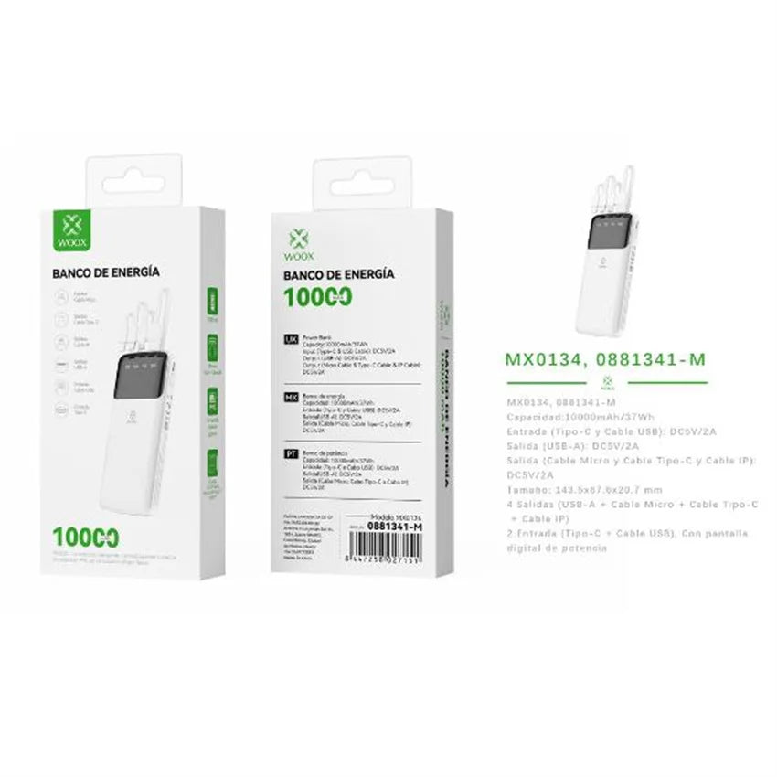 Batería Externa Portátil de 10000mAh con Cable USB-A/Micro/Tipo C/IP con Pantalla de 4 Pulgadas para iPhone 16 y Android
