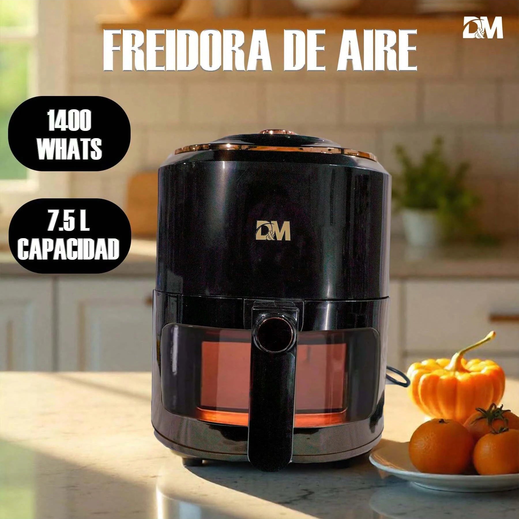Freidora de Aire 7.5L con Ventana Visual, 10 Programas Automáticos, Cocción Sin Aceite 360°, Antiadherente, Temporizador, Ideal para Pollo/Papas/Pizza, Hogar y Oficina.