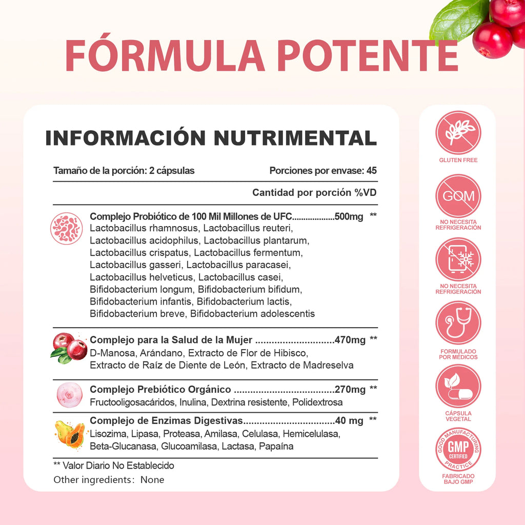 Windboss Probióticos para la Salud Íntima de la Mujer – 100 Mil Millones UFC – 32 Cepas – Con Arándano, Prebióticos y Vitamina C – Apoya el Equilibrio Femenino – 90 Cápsulas