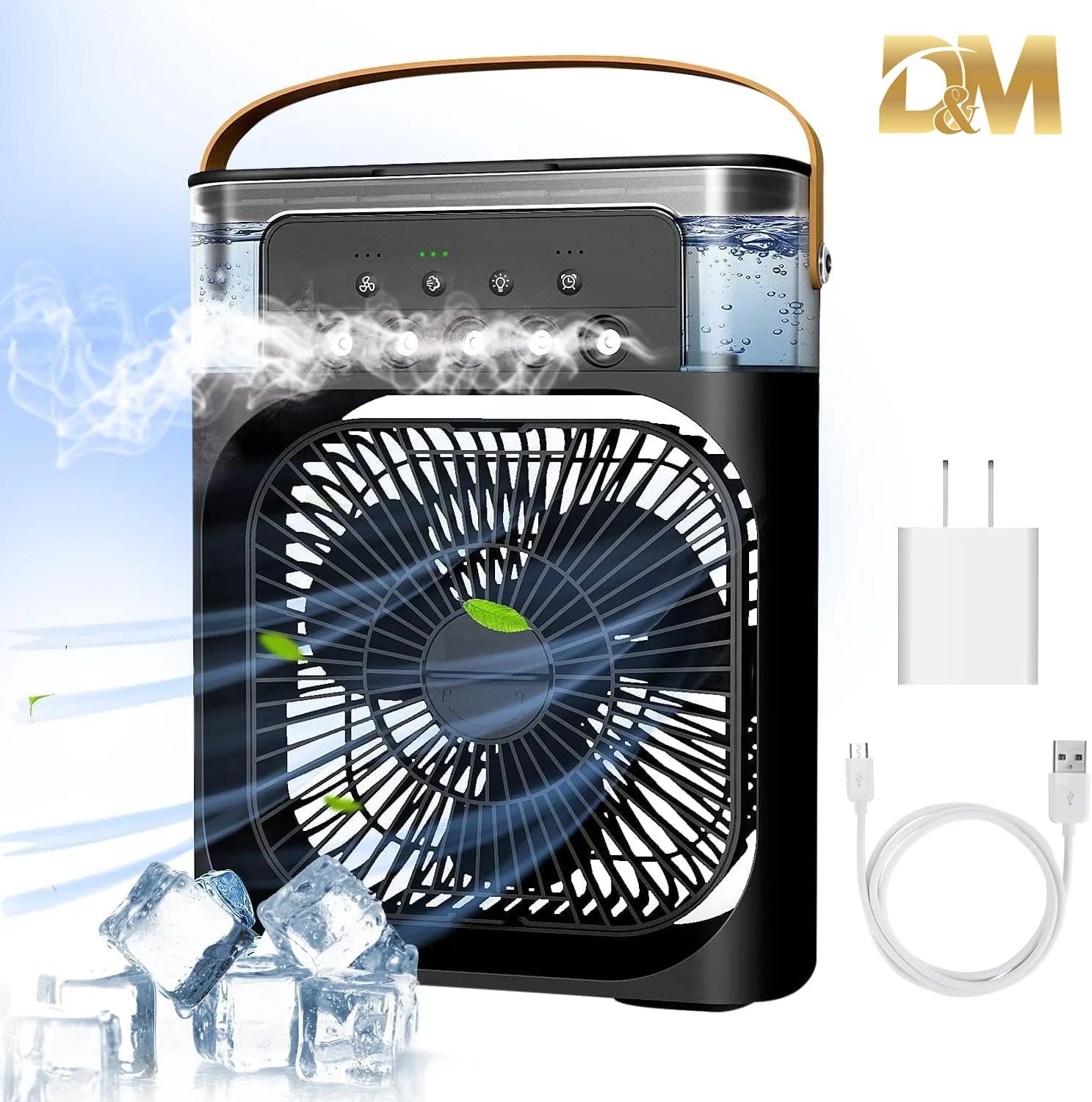 Enfriador de Aire Portátil 3 en 1, Mini Ventilador USB con Humidificador y 5 Boquillas de Pulverización. 3 Velocidades, 3 Modos de Pulverización, Temporizador y Luz Nocturna Multicolor,Flujo de Aire Ajustable.