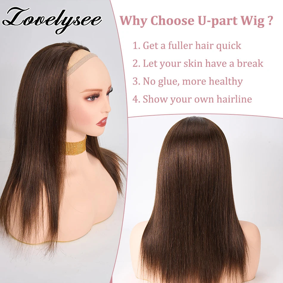 Lovelysee 3/4 media peluca de cabello humano con Clip en extensiones de cabello cabello Remy liso sedoso Color marrón suave 150% 180% peluca para mujeres