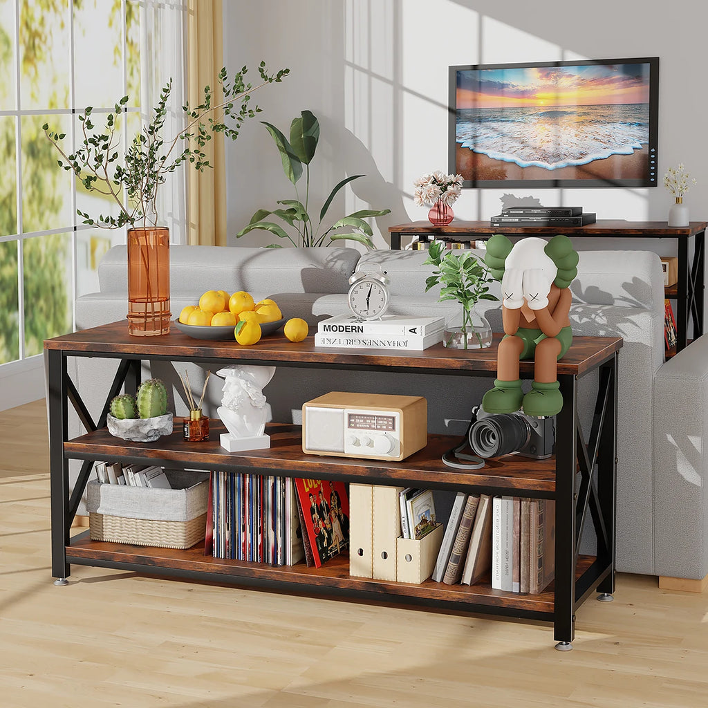 Mesa Consola Industrial de 3 Niveles, Estantería de Almacenamiento para Entrada, Sala y Recámara, 120x40x60 cm, Madera Rústica y Marco de Metal