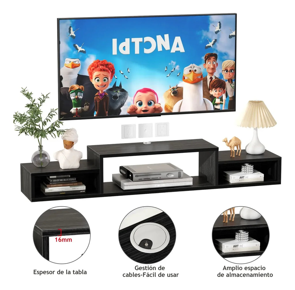 Mueble Flotante para TV de Madera 150cm con Gran Capacidad de Carga 70kg, Soporte Suspendido con Compartimentos y Orificio Pasacables, Compatible con Televisores 32" a 70" para Sala