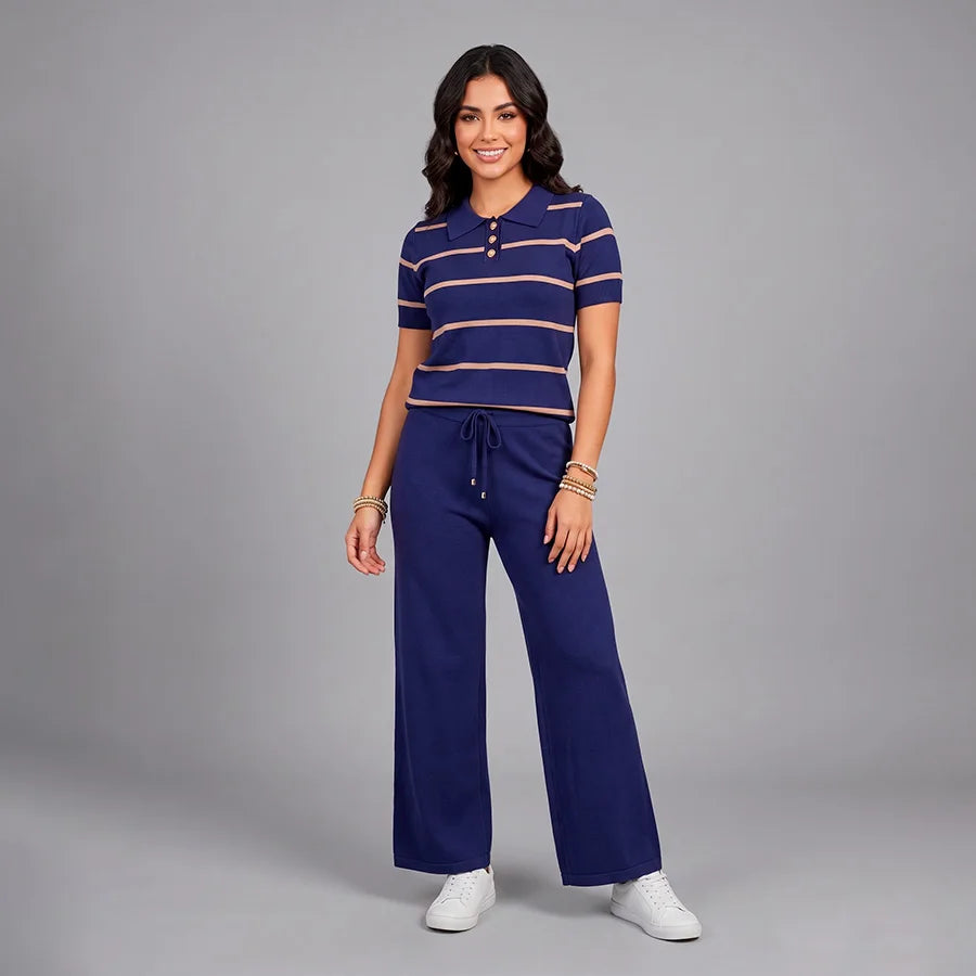 Conjunto de Dos Piezas "Aesthetic Sailor" – Blusa Polo a Rayas y Pantalón Wide Leg