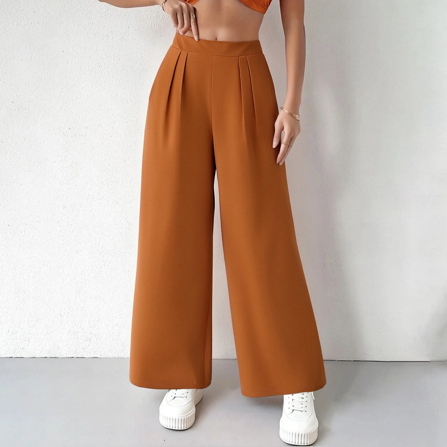 Pantalones de mujer minimalistas de cintura alta y pierna ancha para oficina,con bolsillos laterales plisados,adecuada para uso diario