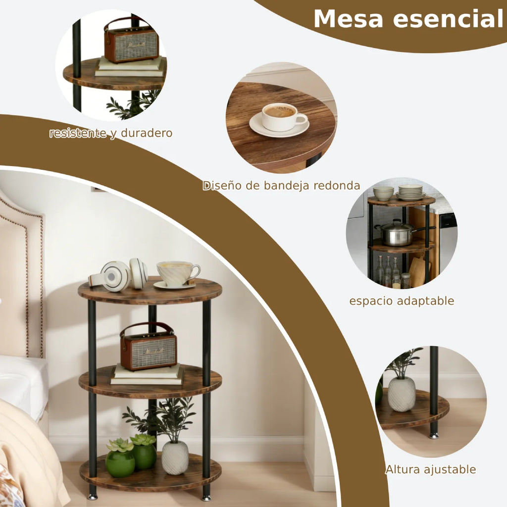 Mesita Auxiliar Redonda Mini, Mesita de Madera de 3 niveles , Ideal como Mesa de Centro, Mesita Lateral de Sofá y Mesita de Noche, 33.5X33.5cm