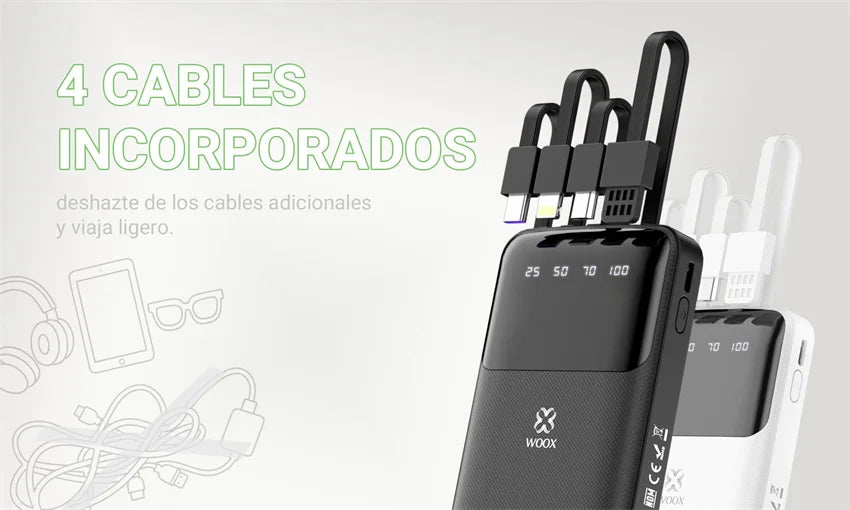 Batería Externa Portátil de 20000mAh/10000mAh con 4 Cables Integrados, Pantalla Digital, 74Wh, para iPhone 16 17 Huawei Xiaomi